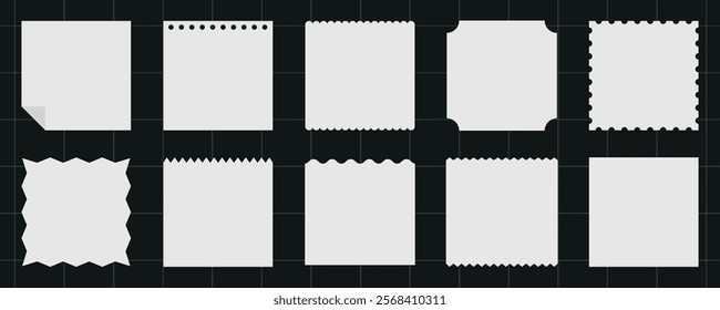 Set of 10 white paper note templates with various edges. Blank paper designs with different borders. Perfect for notes, reminders, or creative projects. Memo element vector set.