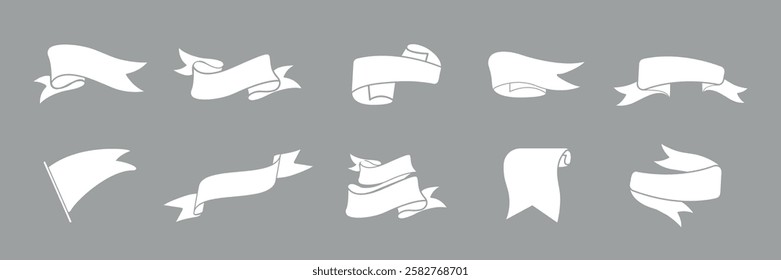 Set of 10 white ribbon banners on a gray background. Each ribbon is uniquely shaped, showcasing various banner designs. Perfect for decoration and design projects. Ribbon banner vector set.
