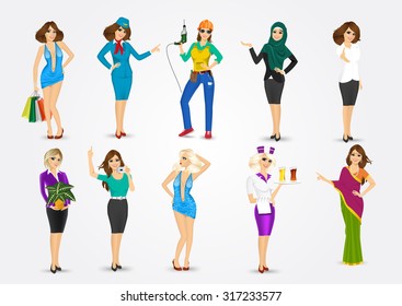 set of 10 women in different professions , eps10 vector format 