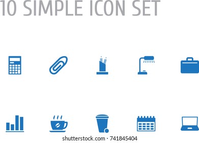 Set Of 10 Work Icons Set.Collection Of Calculator, Agenda, Pencil Stand Elements.