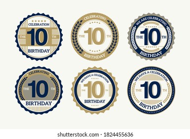 set 10 year Birthday round seals with different icons, vector illustration