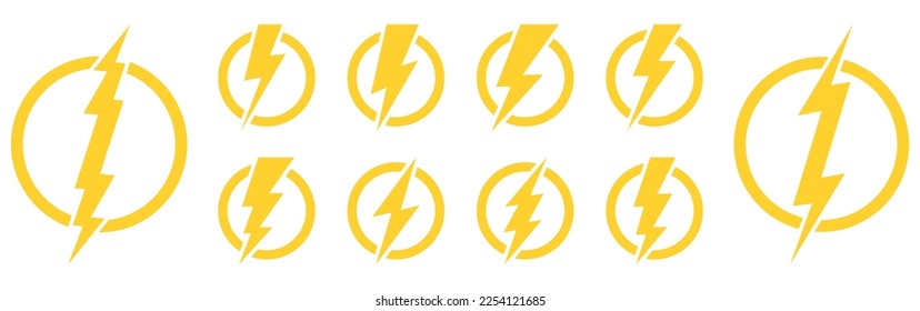 Set of 10 yellow lightnings in a circle flat icons. Thunderbolts icons isolated on white background. Vector illustration