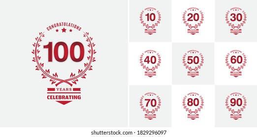 set 100, 10, 20, 30, 40, 50, 60, 70, 80, 90 year anniversary logotype with red color on white background for celebration event