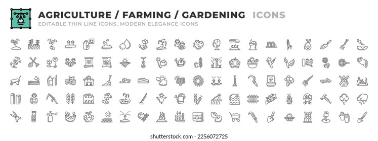 Set of 100 Agriculture and Farming icons. Thin line outline icons such as fertilizer, land, biology, harvest, trees, ultraviolet, compost, hay, oat, high fiber, trowel, fork, sowing seed, demeter svg