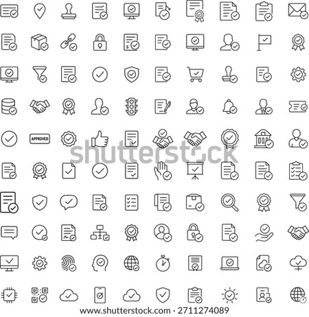 Set of 100 approval icons in black line style for web design and website applications