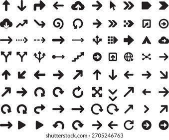 Conjunto de 100 ícones de seta em vários estilos isolados na coleção de símbolos de fundo branco para design de interface moderno