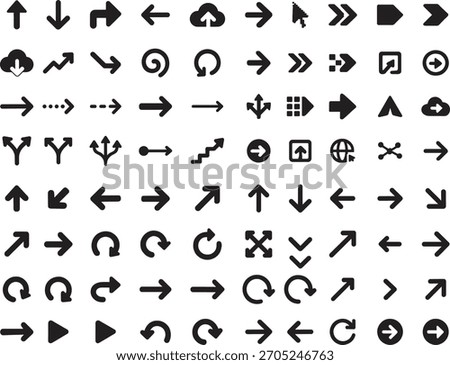 Set of 100 arrow icons in various styles isolated on white background symbol collection for modern interface design