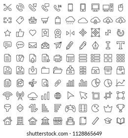set of 100 basic ui-ux icon asset, with simple line and good looking concept, editable stroke, ecommerce website, startup business technology, flat outline, button symbol.  