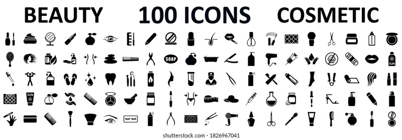 Set 100 beauty spa cosmetology icons with face, eye, legs, cream, oil, moisturizer, make up, nail polish, face cleanser. Beauty and cosmetology collection sign 