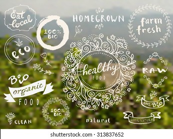 Set of 100% bio, organic, eco, clean healthy food labels. Hand drawn logo templates with floral vintage elements on blurred countryside background. Hipster style vector badges for food package