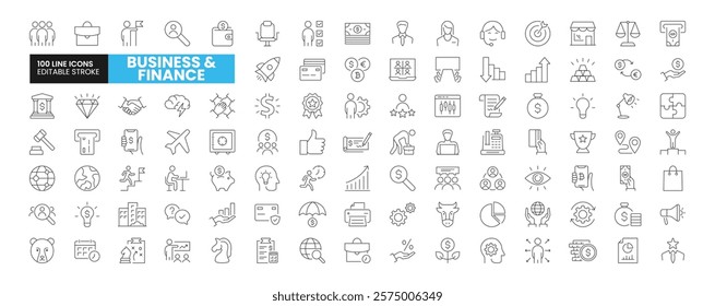 Set of 100 Business and Finance line icons set. Business and Finance outline icons with editable stroke collection. Includes Teamwork, Managing, Innovation, Goal, Meeting, and More.