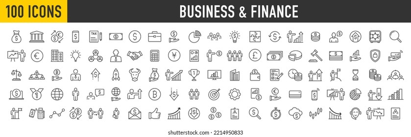 Set of 100 Business and Finance web icons in line style. Money, bank, contact, office, payment, strategy, accounting, infographic. Icon collection. Vector illustration.