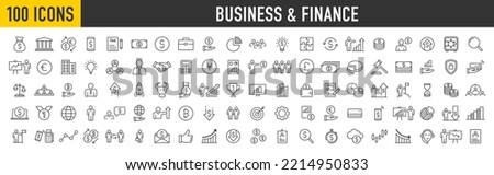Set of 100 Business and Finance web icons in line style. Money, bank, contact, office, payment, strategy, accounting, infographic. Icon collection. Vector illustration.