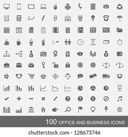 Set of 100 business and office icons. Simple dark grey icons with light background.