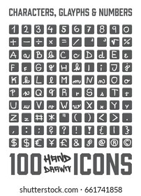 Set of 100 Characters, glyphs and numbers hand drawn / doodled icons. You can see letters, glyphs, numbers and more! Grouped, ready to quick use!