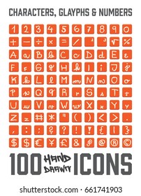 Set of 100 Characters, glyphs and numbers hand drawn / doodled icons. You can see letters, glyphs, numbers and more! Grouped, ready to quick use!