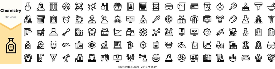 Set of 100 chemistry-themed line icons featuring laboratory equipment, chemical reactions, and scientific symbols on a clean background.