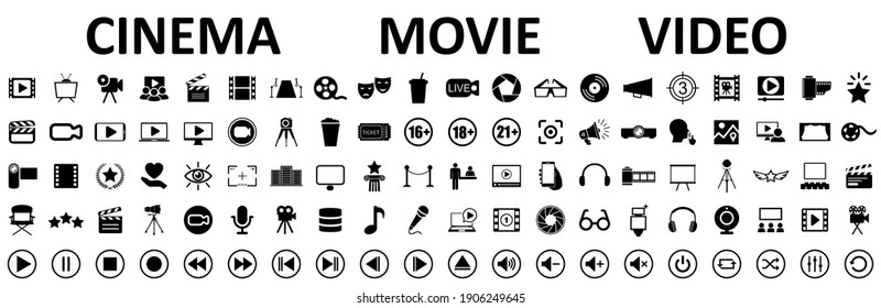 Set of 100 cinema, movie, video icons, collection film, tv sign - stock vector