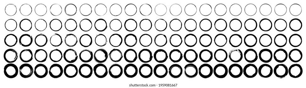 Set of 100 circle brushes elements. Different circle brush strokes. Grunge round shapes. Boxes, frames for text, labels, logo, grunge. Vector illustration.