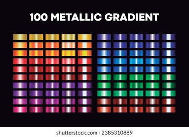 Set of 100 colorful metallic gradient. Vector isolated on black background.