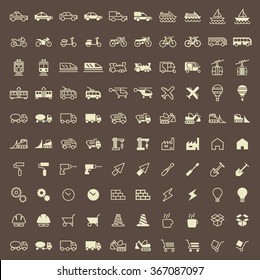 Set of 100 Construction and Transport Minimal and Solid Icons. Vector Isolated Elements.