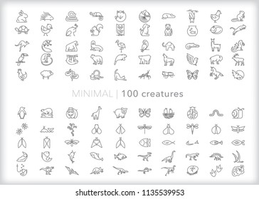 Set of 100 creature icons of animals, pets, fish, dinosaurs and insects from the plains, rain forests, African safari and beyond