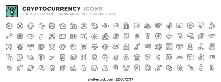 Set of 100 Cryptocurrecy icons. Thin line outline icons such as nft, altcoin, proof of work, centralized, genesis, private, data mining,  halving, bill, risk, decrease, expansion, funnel, ledger