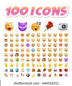 Set of 100 Cute Icons on White Background. Isolated Vector Illustration