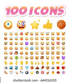 Set of 100 Cute Icons on White Background. Isolated Vector Illustration