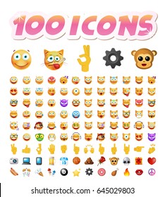 Set of 100 Cute Icons on White Background. Isolated Vector Illustration