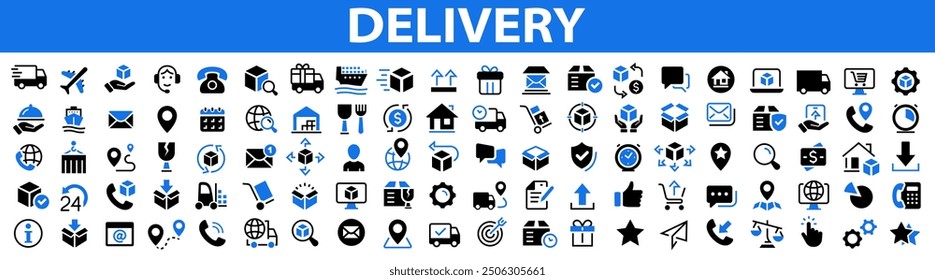 Set von 100 Web-Icons für Lieferung und Logistik im flachen Stil. Sammlung von Versandsymbolen. Kurier, Versand, Expresszustellung, Tracking-Order, Support, Business und mehr. Vektorgrafik