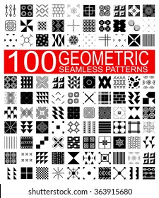 Set of 100 different vector geometric seamless patterns (tiling) of black and white color. Endless texture can be used for pattern fills, web page background, surface and textile textures, wallpaper