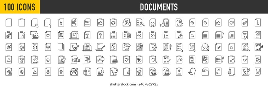 Set of 100 Document web icons in line style. Clipboard, certificate, accept, approved, invoice, archive, collection. Vector illustration.