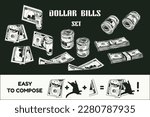 Set of 100 dollar bills with obverse and reverse side. Money rolls, wads of cash money, bent, folded, twisted banknotes. Vintage style. Colorful detailed vector illustration on black background.