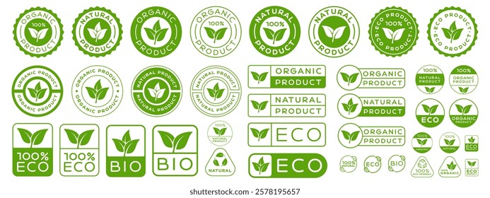 Set Of 100% Eco Bages Vector Design. Natural Product Labels. Organic Food Emblem. Healthy Food Logo.