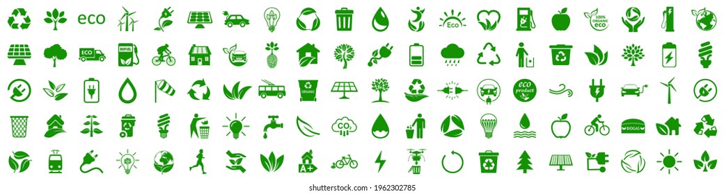 Set of 100 ecology icons. Eco green signs. Nature symbol – stock vector