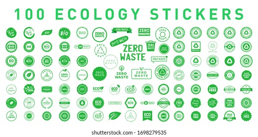 Set of 100 ecology various badges, stickers, symbols and emlems. Environment protection. Vector stock illustration. Eps 10.