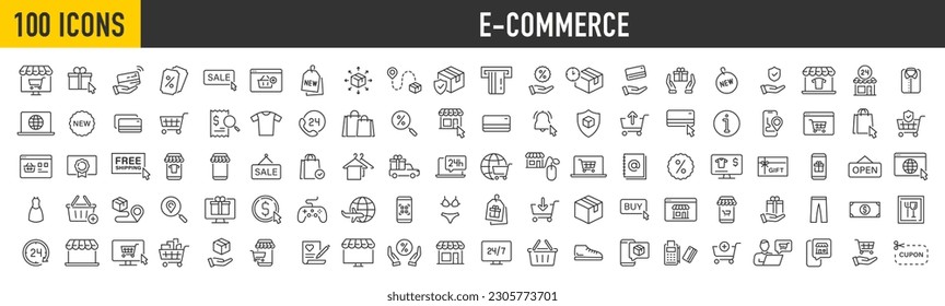 Set of 100 E-Commerce web icons in line style. Online shopping, digital marketing, delivery, coupon, shop, discount, bank card, gifts, shop collection. Vector illustration.