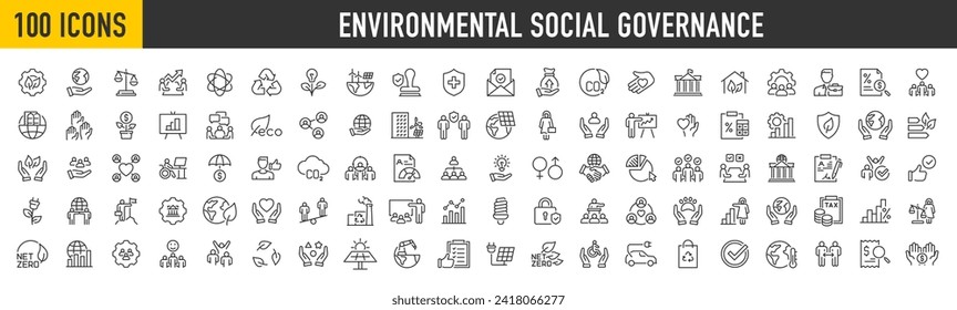 Set of 100 ESG, Environmental Social Governance web icons in line style. Sustainable developmen , sustainability, net zero, climate crisis, recycle, electric car, collection. Vector illustration.