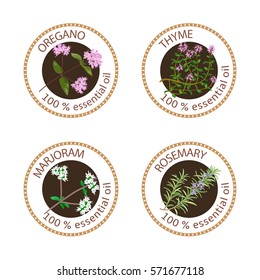 Set of 100 essential oils labels. Oregano, Thyme, marjoram, rosemary symbols. Logo collection. Vector illustration. Brown stamps, realistic. For cosmetics, spa, health care, aromatherapy, cosmetics