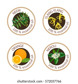 Conjunto de 100 etiquetas de aceites esenciales. Ylang-ylang, neem, neroli, símbolos naranjas. Colección de logotipos. Ilustración vectorial. Sellos marrones, realistas. Para cosméticos, spa, cuidados de salud, aromaterapia, cosméticos