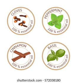 Set of 100 essential oils labels. Cloves, peppermint, cinnamon, basil symbols. Logo collection. Vector illustration. Brown stamps, realistic. For cosmetics, spa, health care, aromatherapy, cosmetics