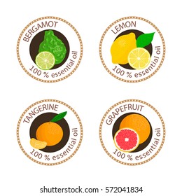 Set of 100 essential oils labels. Bergamot, lemon, grapefruit, mandarin symbols. Logo collection. Vector illustration. Brown stamps, realistic. For cosmetics, spa, health care, aromatherapy cosmetics