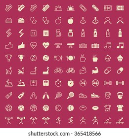 Set of 100 Fitness Minimal and Solid Icons. Vector Isolated Elements.