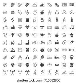 Set of 100 Fitness Minimal and Solid Icons . Vector Isolated Elements