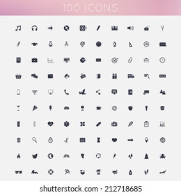 Set of 100 flat icons ( music icons, education icons, business icons, shopping icons, communication icons, food and drink icons, medical icons, web tools icons, ecology icons, vacation icons )