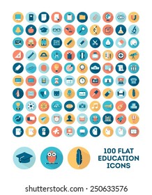 set of 100 flat style education icons, vector illustration