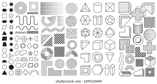 Set of 100 geometric shapes. Mega set of memphis design elements, template for your project. Collection trendy halftone vector geometric shapes. - Shutterstock ID 1693125049