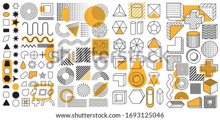 Set of 100 geometric shapes. Mega set of memphis design elements, template for your project. Collection trendy halftone vector geometric shapes.