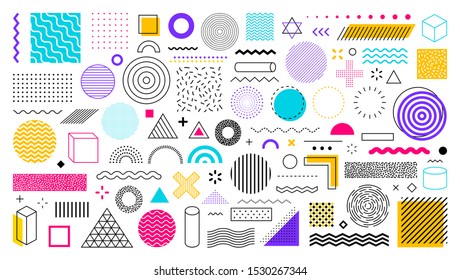 Set of 100 geometric shapes. Memphis design, retro elements for web, vintage, advertisement, commercial banner, poster, leaflet, billboard, sale. Collection trendy halftone vector geometric shapes.